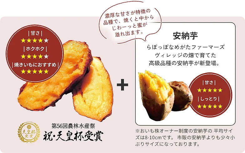 いばらきゴールド[第56回農林水産祭 祝･天皇杯受賞]（甘さ☆4　ホクホク☆4　焼きいもにおすすめ☆5）＋ 安納芋